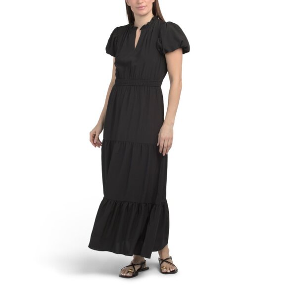 LONDON TIMES Black Bubble Sleeve Tiered Maxi Dress